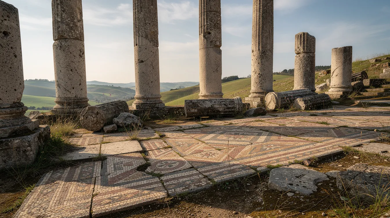 The image depicts ancient Roman stone columns and a beautifully detailed mosaic floor in ruins, set against a backdrop of green rolling hills, showcasing the rich history and architecture of the past. This scene invites visitors to explore the fascinating remnants of a bygone era, perfect for those interested in history and culture during their tours in Morocco.