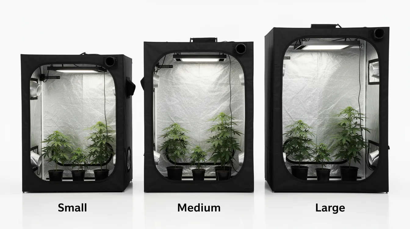 Das Bild zeigt drei unterschiedlich große Growzelte, die nebeneinander stehen und einen Größenvergleich ermöglichen. Diese Zelte sind ideal für den Indoor-Anbau von Pflanzen und bieten verschiedene Optionen für Anfänger und erfahrene Grower.
