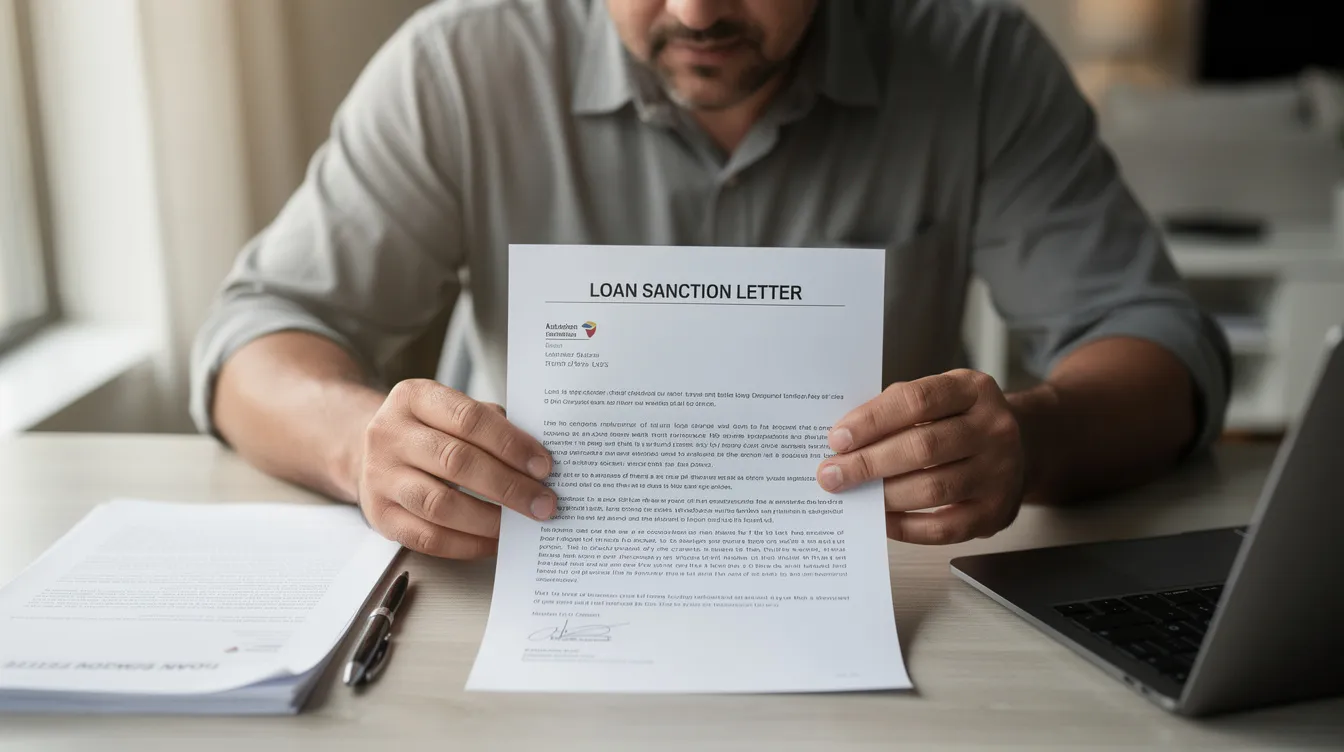 2f33f990 66c4 4199 97ec aed484246fb2 A person is sitting at a table, intently reading a bank loan sanction letter, which outlines the terms of a mudra loan for small businesses. The document includes important details such as the loan amount, interest rates, and required documents for financial assistance.
