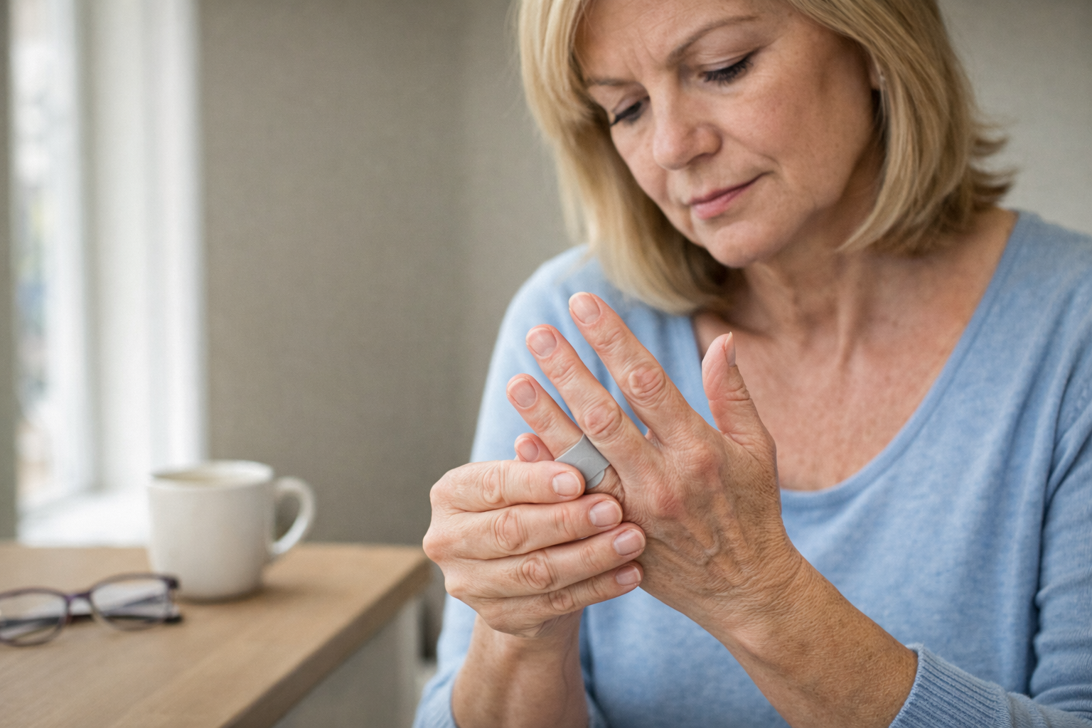 Middle-aged woman adjusting a light gray splint on her left ring finger, symbolising care for finger arthritis, in a softly lit home setting with a mug and eyeglasses on a wooden countertop in the background.