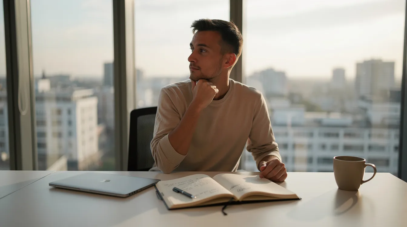 Un professionnel assis à son bureau, en train de réfléchir avec un carnet ouvert devant lui, semble chercher des façons de dépasser ses limites au travail. La lumière naturelle de la grande fenêtre éclaire son visage, soulignant l'importance de prendre des moments de pause pour le bien-être et l'équilibre dans sa vie quotidienne.