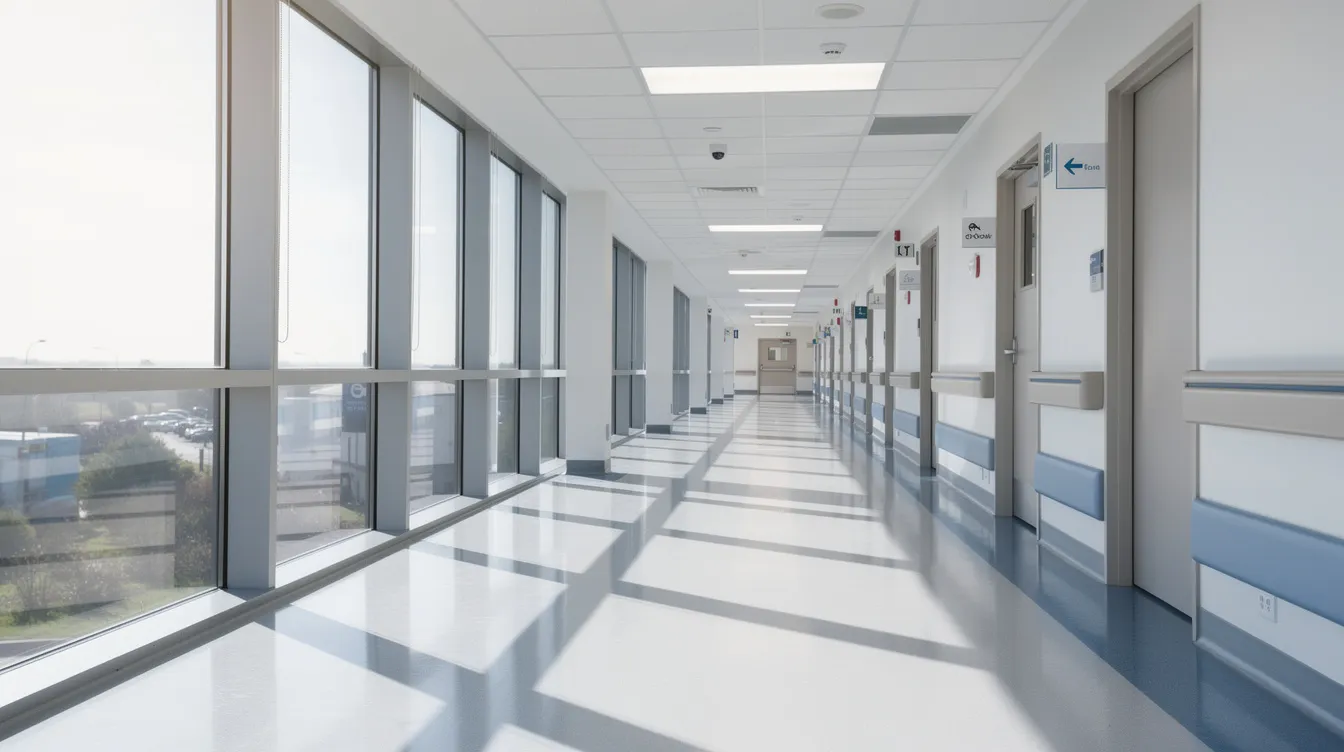 The image depicts a bright hospital hallway, illuminated by natural light streaming through large windows, creating a welcoming atmosphere. This setting reflects the environment where medical professionals work, highlighting the importance of accountability in cases of medical malpractice and the necessity for experienced medical malpractice attorneys to support victims of medical negligence.