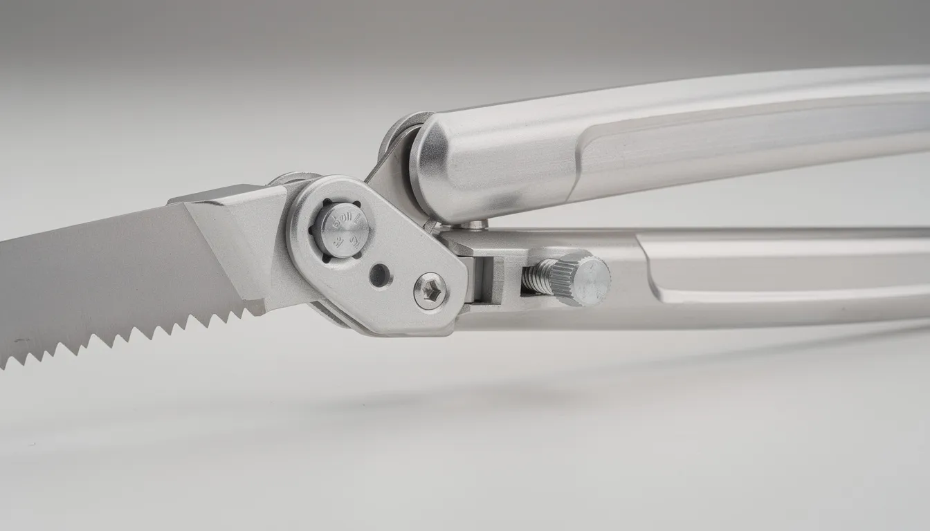 The image features a close-up view of a folding bow saw frame, highlighting its aluminum construction and the blade tension mechanism. This compact and durable tool is designed for cutting firewood and pruning trees, showcasing its sharp blade and solid grip for efficient use in outdoor activities.
