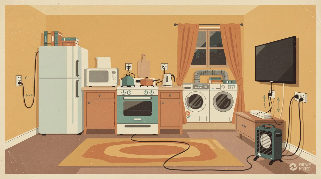 A safe setup of major electrical appliances, demonstrating proper usage and placement away from flammable materials.