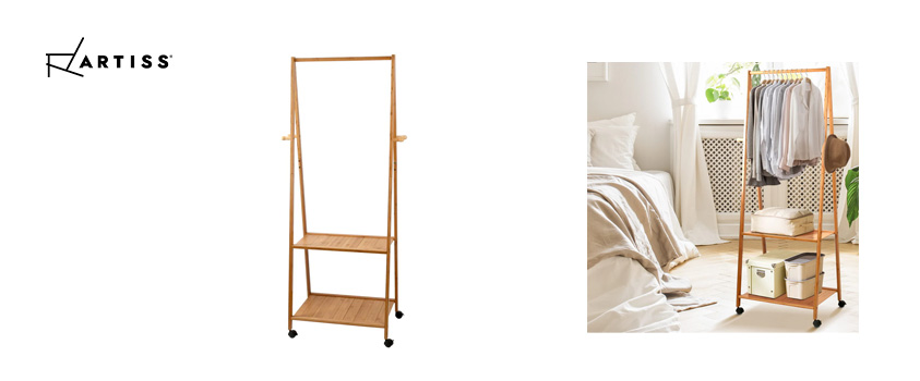 The Artiss bamboo open garment rack on wheels, made from solid wood with two shelves.