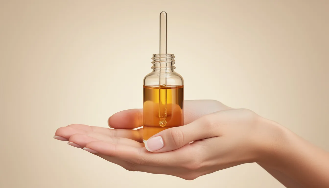 A pair of hands gently holds a dropper bottle filled with a golden serum against a soft, neutral background, showcasing a commitment to clean skincare. This image highlights the beauty of natural ingredients and the importance of choosing products that are cruelty-free and free from potentially harmful ingredients.