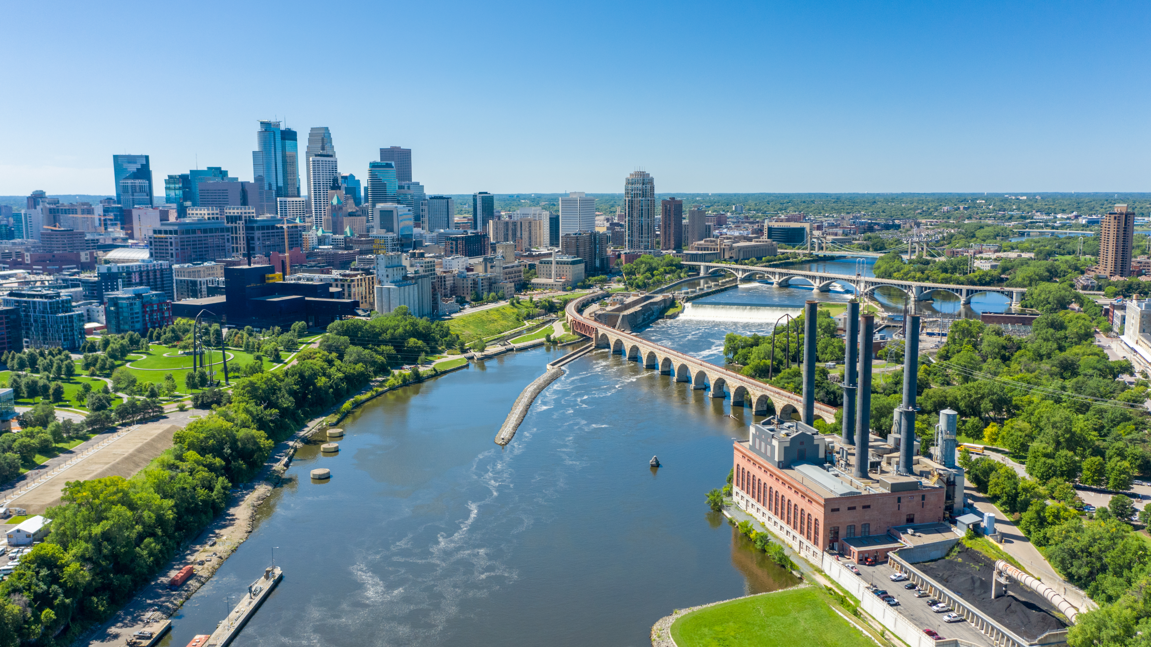 Downtown Minneapolis over the Mississippi River.