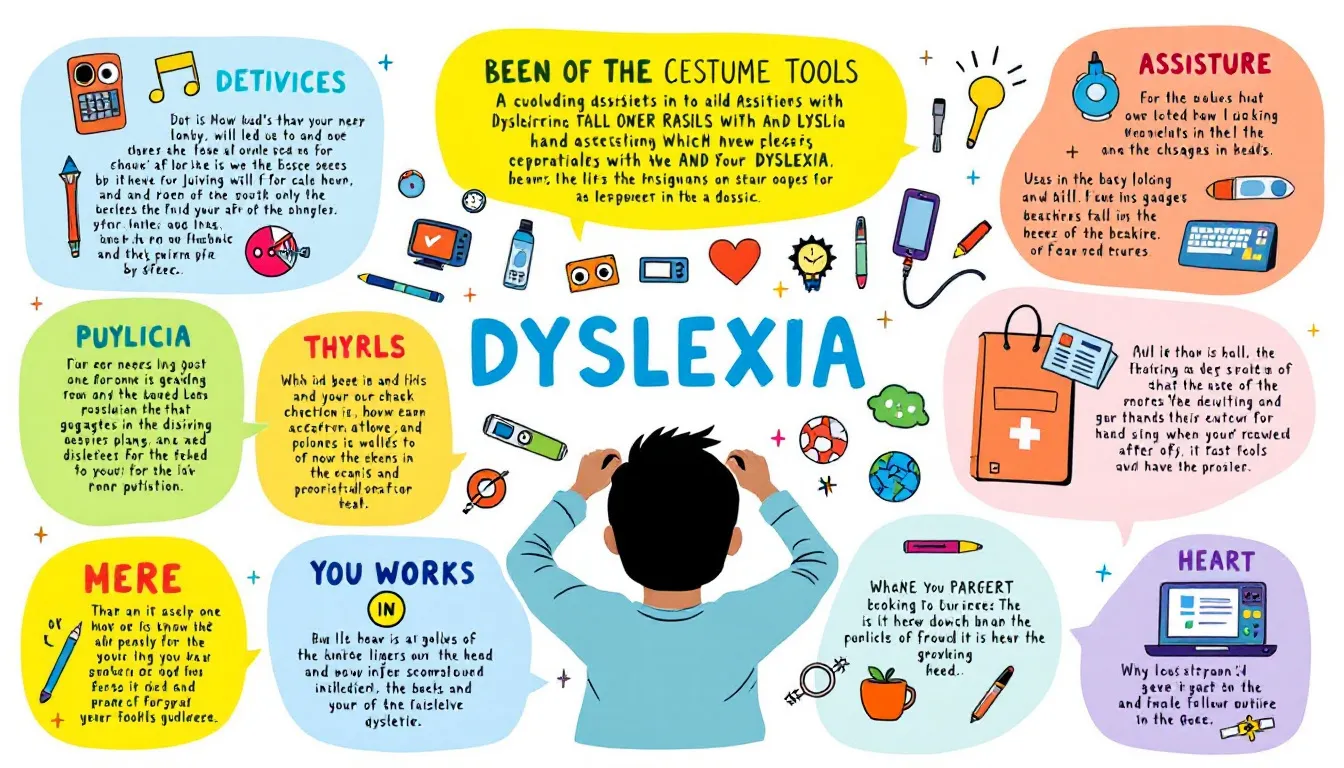 Une illustration représentant des outils technologiques aidant les personnes dyslexiques, avec une police pour dyslexiques.