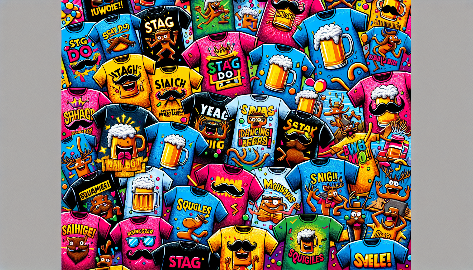 Sjove t-shirt idéer til bachelorfesten vist med humoristisk grafik.