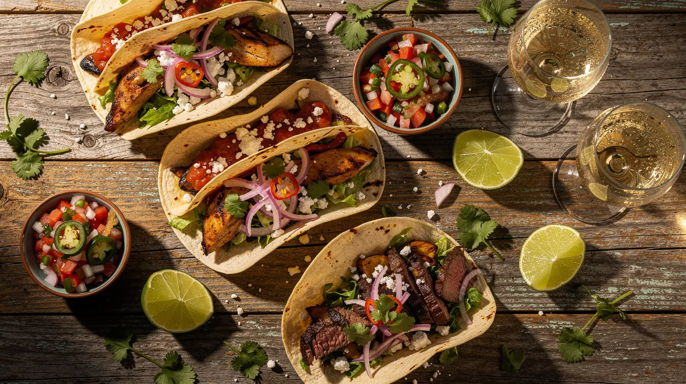 A vibrant assortment of tacos, including carnitas and fish tacos, is beautifully arranged on a rustic wooden table, accompanied by fresh salsa, lime wedges, and cilantro. Two glasses of chilled white wine sit nearby, suggesting a delightful pairing with the bold flavors of this delicious Mexican cuisine.