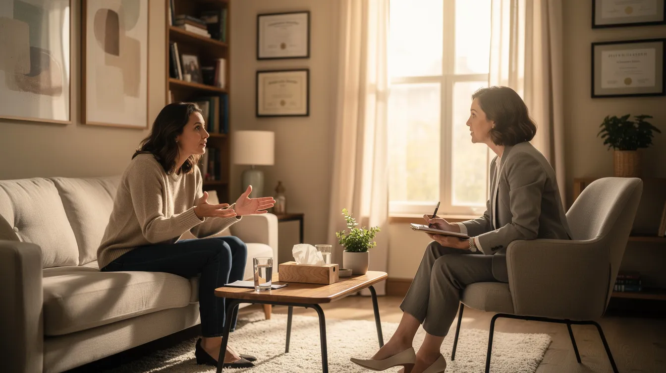 A therapist and a patient are engaged in a conversation in a cozy office setting, focusing on psychosocial therapy to address mental health disorders and develop coping skills. The warm environment fosters open dialogue, essential for effective treatment and support in managing mental health symptoms.