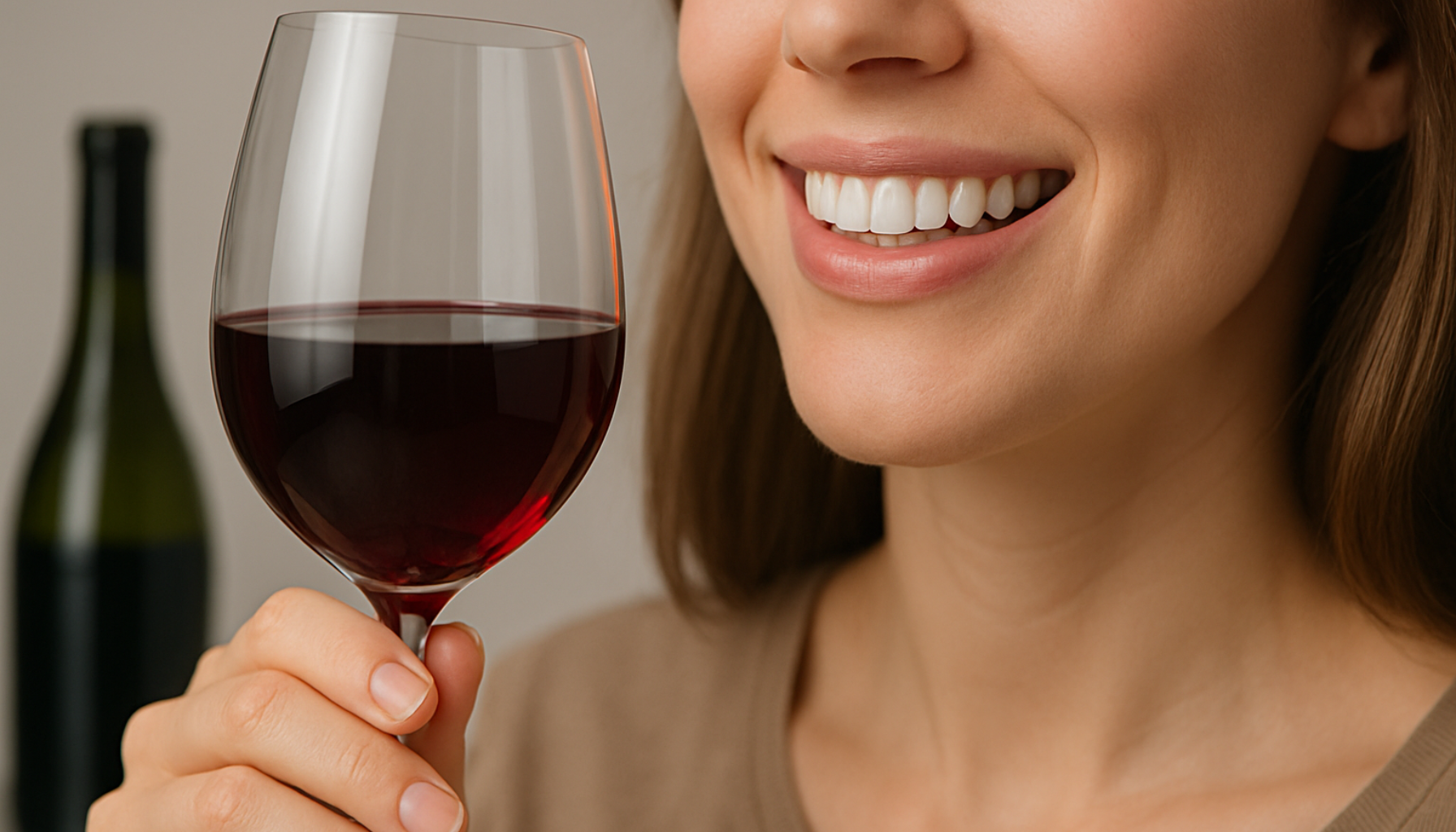Kvinne smiler med rene tenner mens hun holder et glass rødvin.