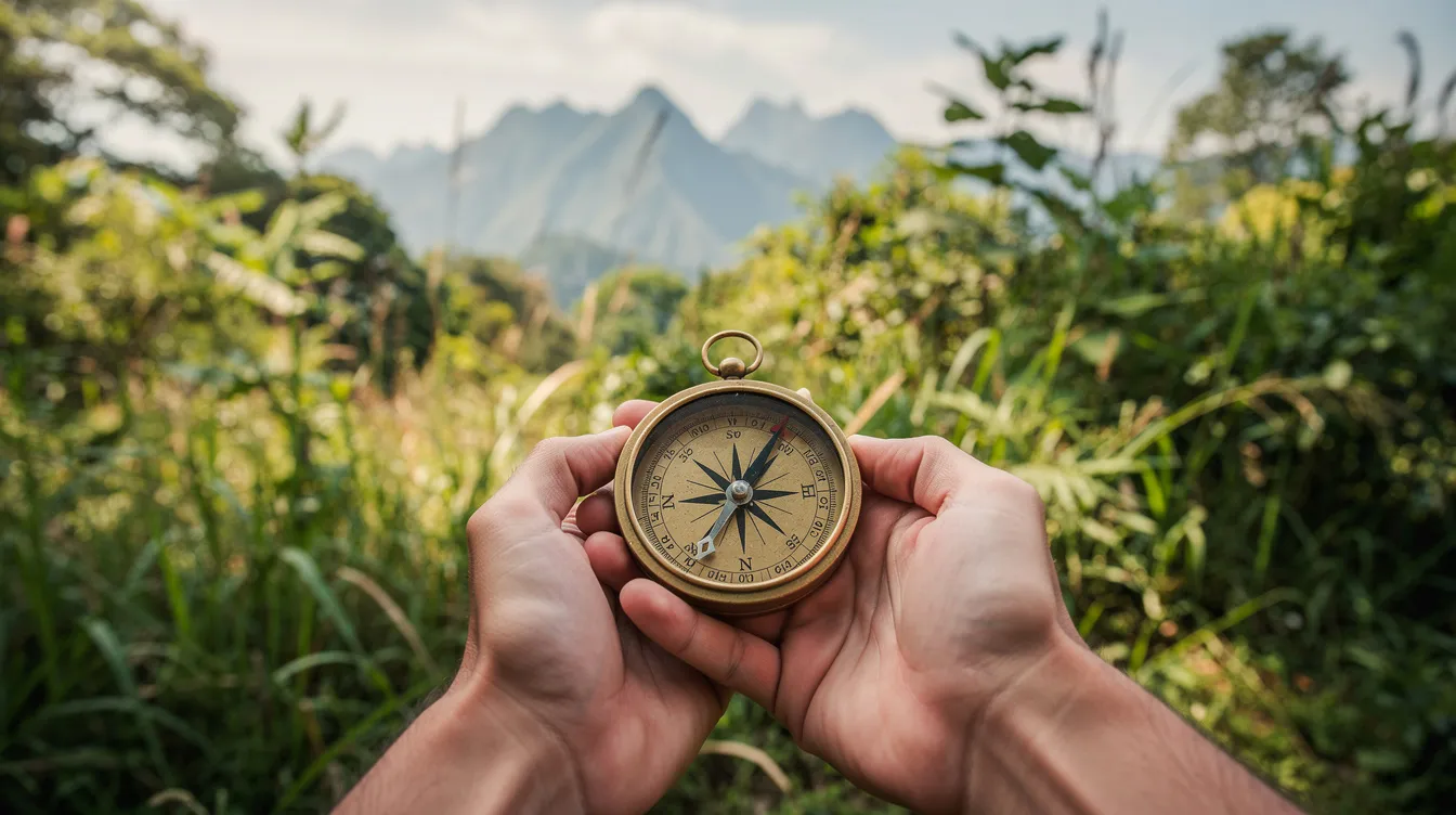 Deux mains tiennent une boussole, symbolisant l'orientation et la direction de vie, avec en arrière-plan une nature verdoyante et des montagnes majestueuses. Cette image évoque la quête de sens au travail et le développement personnel, invitant chacun à réfléchir à ses aspirations et à ses objectifs dans la vie.