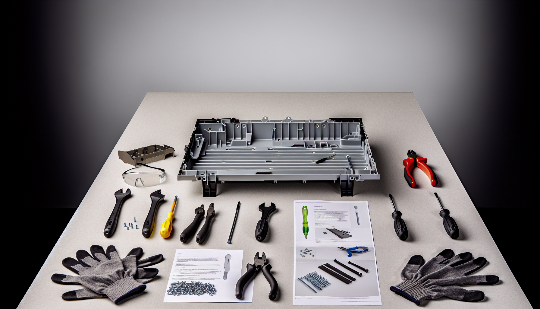 Assembly of the trim tray with necessary tools and equipment