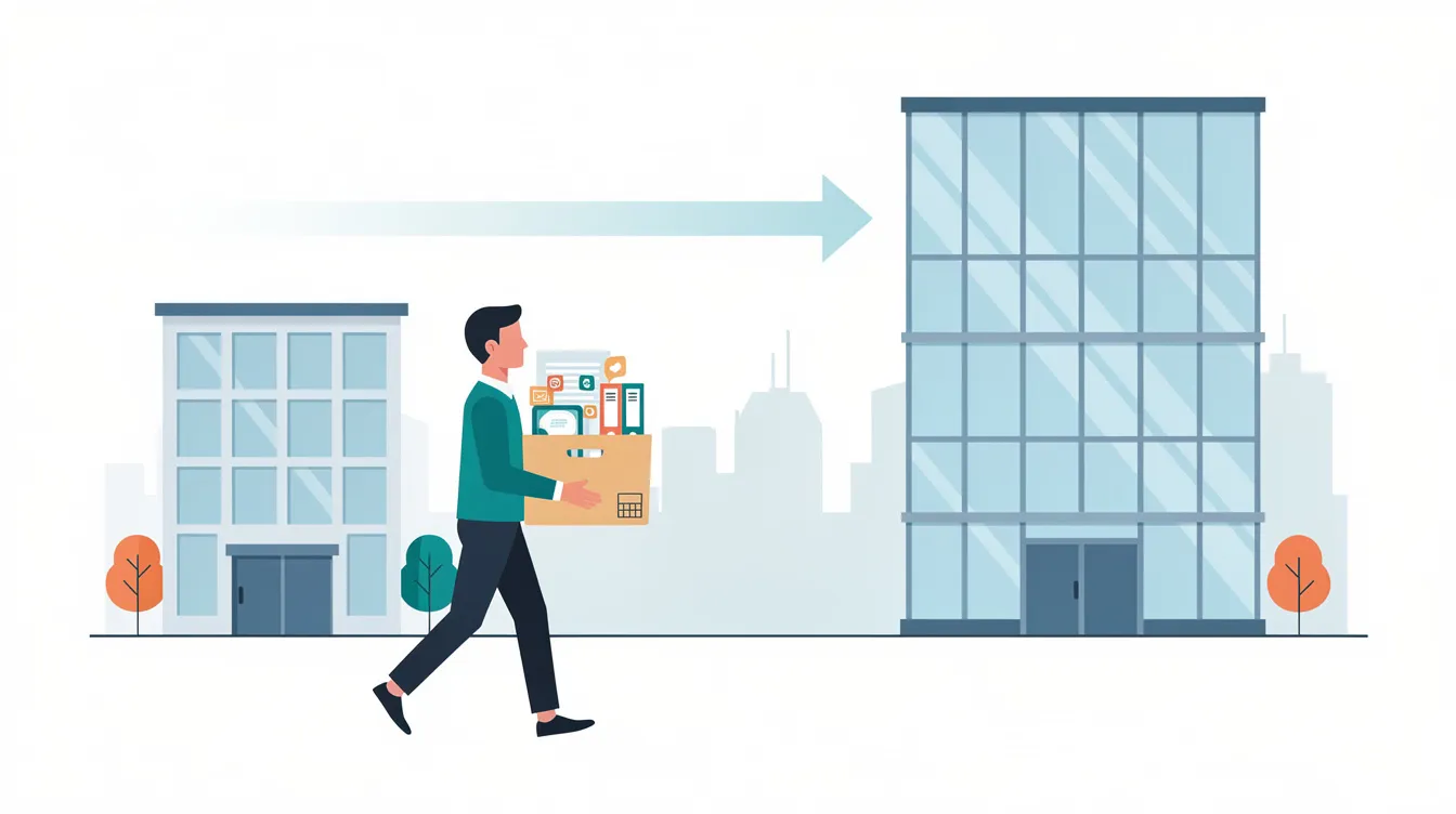 The illustration depicts a person carrying a box of files between two buildings, symbolizing the concept of platform migration for community tools. This visual represents the transition to a dedicated community platform that enhances community engagement and supports features like discussion forums and online courses.