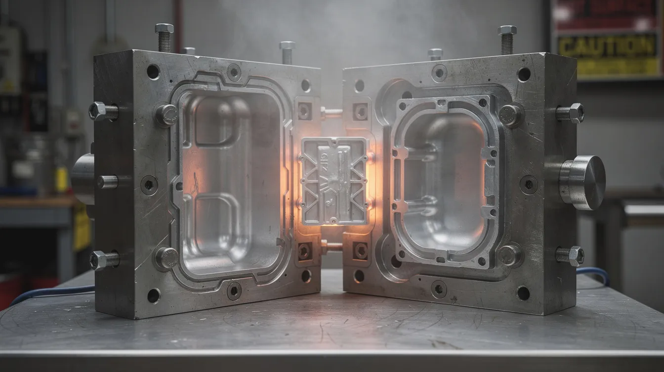 The image shows an opened die casting mold with the cavity and core halves visible, revealing a freshly cast aluminum part positioned between them. This scene exemplifies advanced manufacturing technologies used in rapid prototyping services, highlighting the intricate details involved in the prototyping process for industrial components.