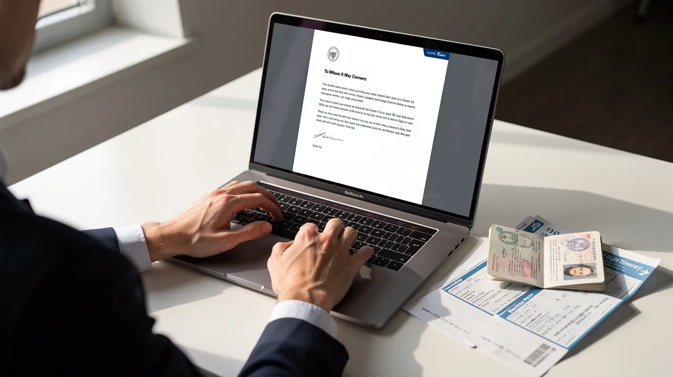 A person types a formal Schengen visa cover letter on a laptop, with a valid passport and printed flight itinerary placed beside the keyboard. The scene suggests careful preparation of supporting documents for a visa application.