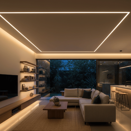 Recessed perimeter LED ceiling lighting forming a glowing geometric outline, creating a modern chandelier alternative in a contemporary living room.