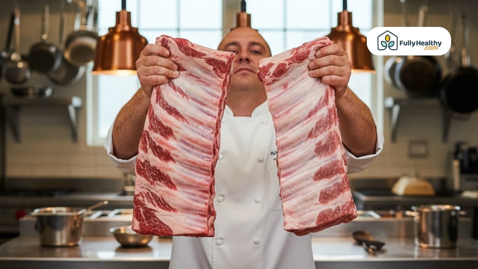 Chef holding two large slabs of raw ribs in professional kitchen setup