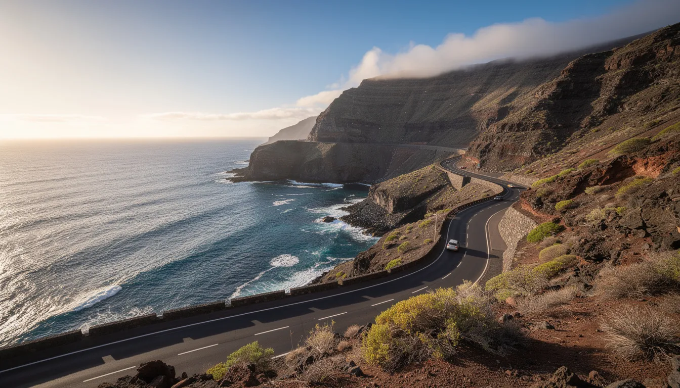 Une vue panoramique d'une route côtière à Tenerife, où l'océan Atlantique rencontre des falaises volcaniques majestueuses. Ce paysage spectaculaire évoque des possibilités de road trip en voiture de location sur cette île des Canaries, idéale pour explorer ses plages et ses sites naturels.