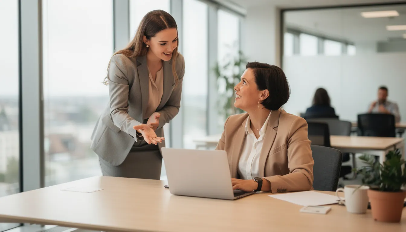 In a modern office filled with natural light, two professionals engage in a collaborative conversation, sharing valuable insights to foster personal and professional growth. Their discussion reflects a growth mindset, focusing on overcoming limiting beliefs and developing effective strategies for achieving future goals.