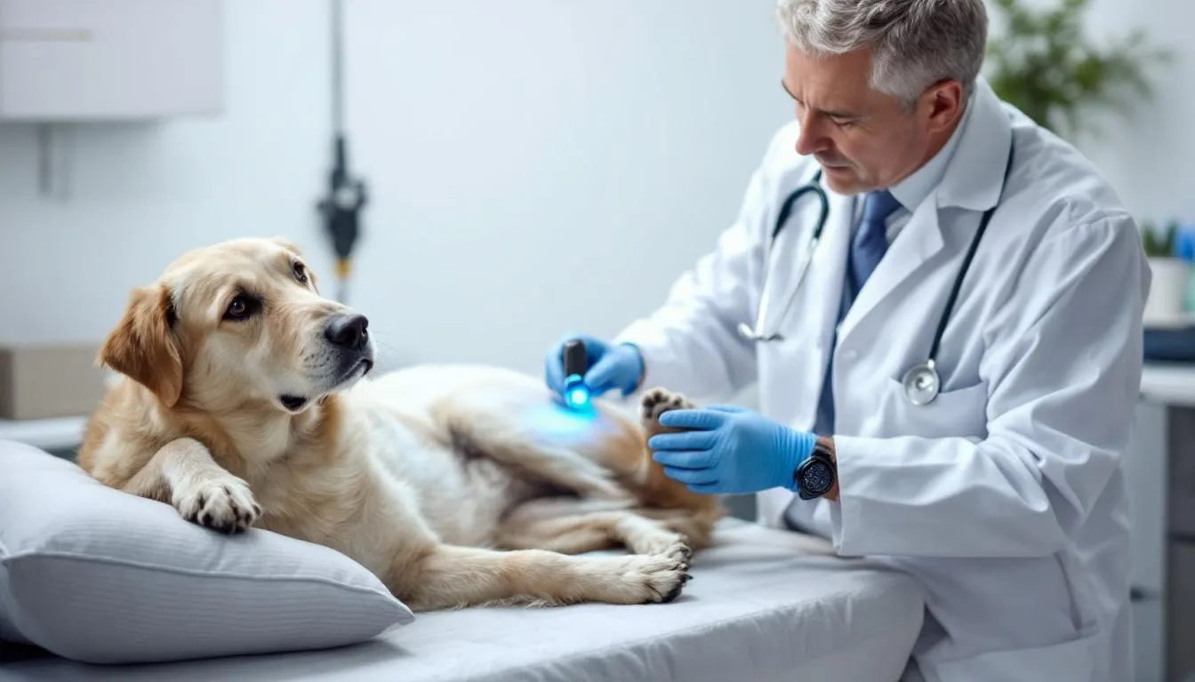 A veterinarian is carefully examining a senior dog
