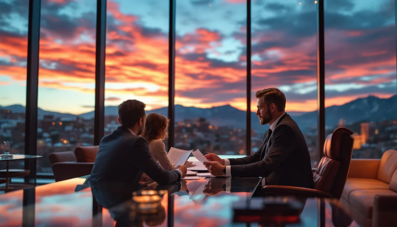 An experienced attorney stands confidently with his legal team in a sophisticated office, overlooking a beautiful Colorado sunset. This scene reflects their commitment to providing legal assistance in workers compensation cases and personal injury claims, ensuring justice for injured employees.