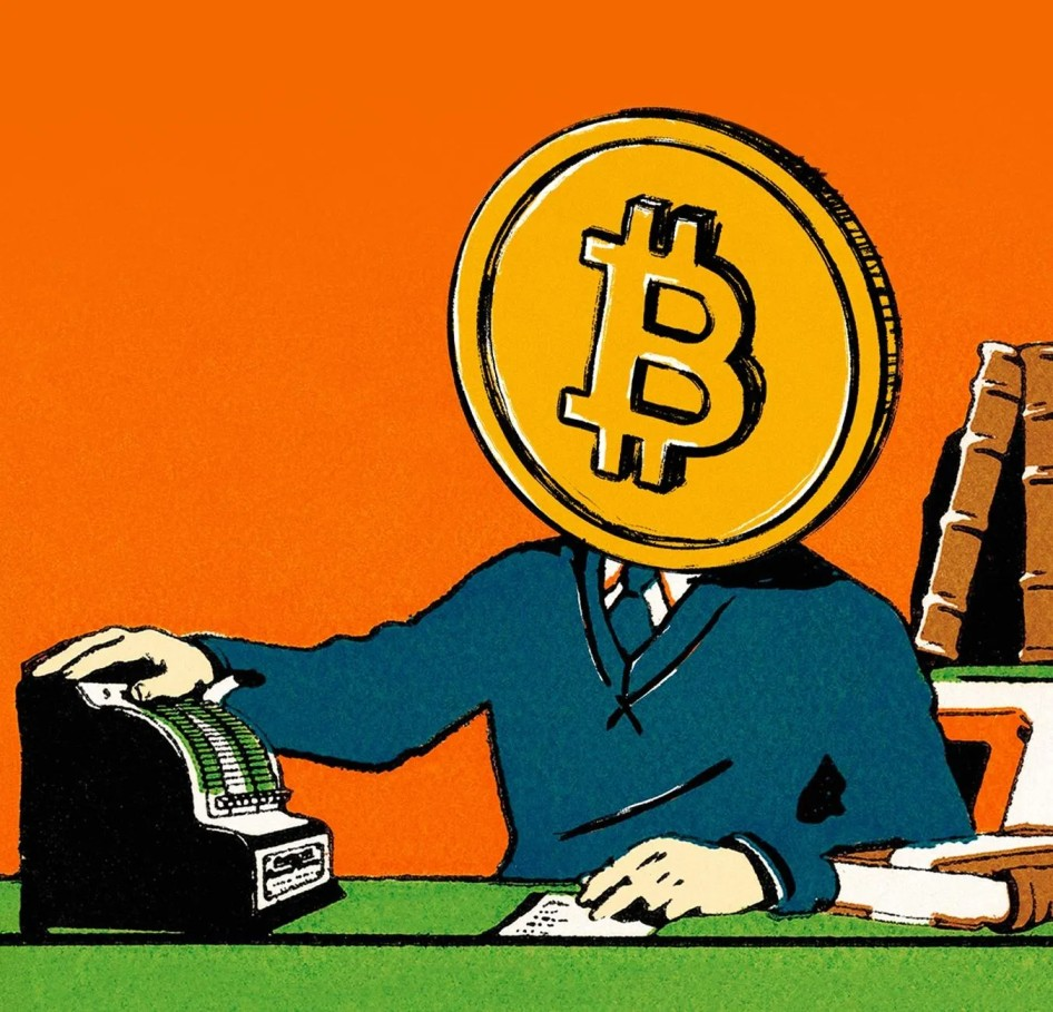A cartoon image of a Bitcoin peerson with a cash register. 