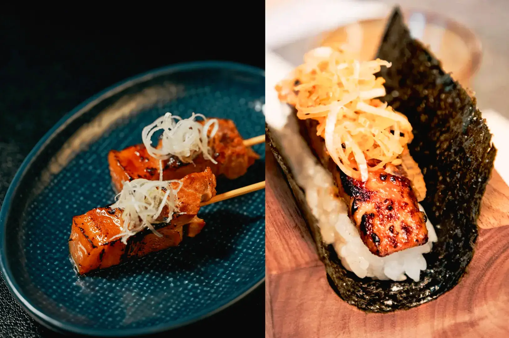 grilled yakitori skewers and Japanese hand roll sushi served in izakaya restaurant close up