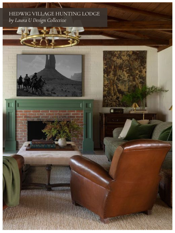 a brick fireplace in a traditional gathering space at the Hedwig Village hunting lodge living room