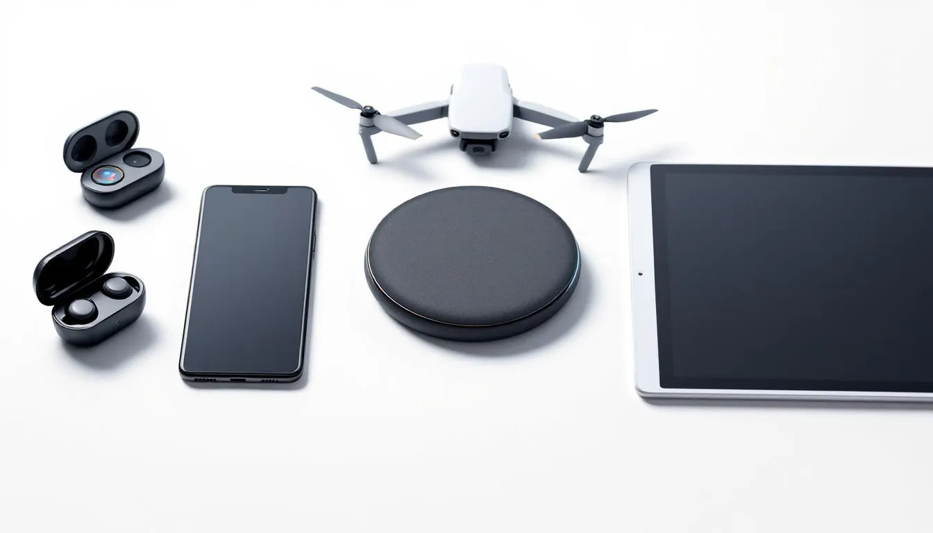 Na białym tle ułożone są nowoczesne gadżety elektroniczne, które mogą być idealnym prezentem dla taty na urodziny. Wśród nich znajdują się praktyczne akcesoria, które świetnie sprawdzą się w codziennym życiu i wyrażą wdzięczność za jego pasje.