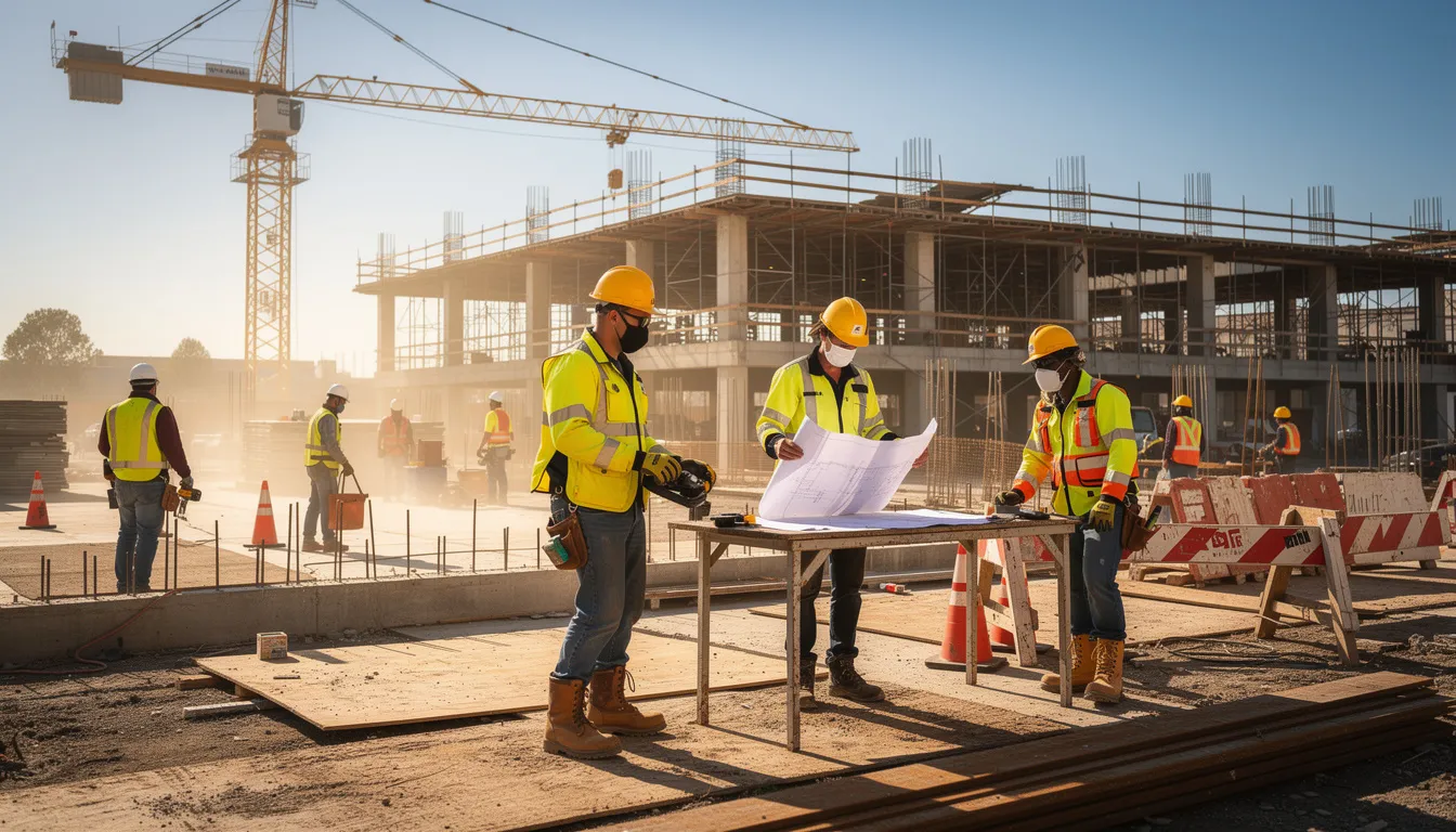 The image depicts construction workers at a job site, all wearing safety equipment and hard hats to ensure protection while on the job. This scene emphasizes the importance of workplace safety for injured workers and the role of authorized treating physicians in managing workers' compensation claims.