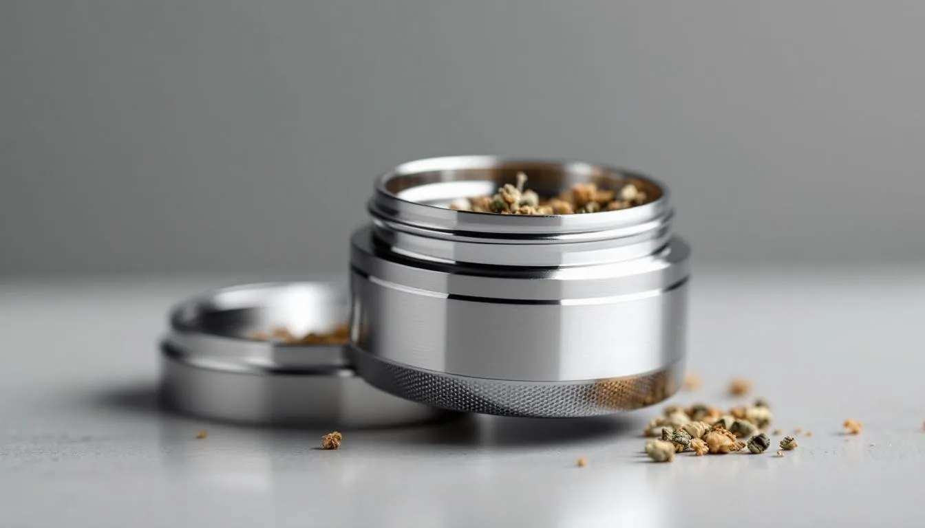 A close-up of a high-quality herb grinder with herbs inside.