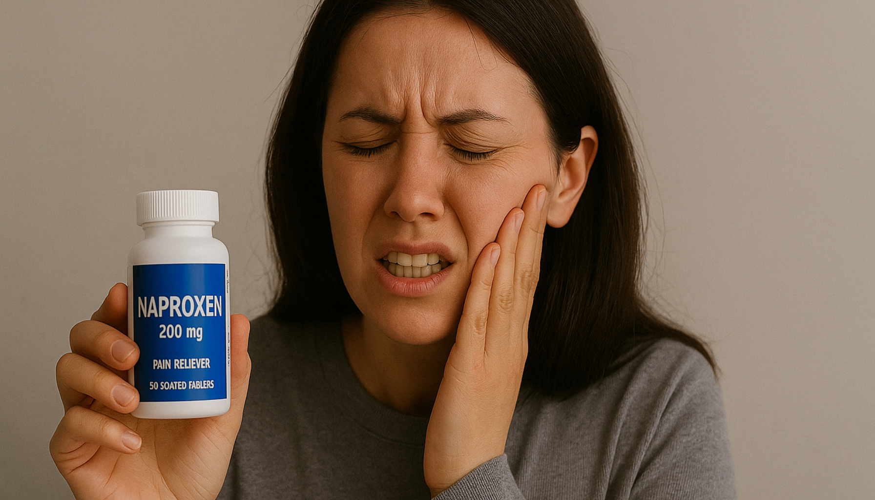 Kvinne med tannverk holder en Naproxen-flaske og presser hånden mot kinnet med smertefullt uttrykk og lukkede øyne.