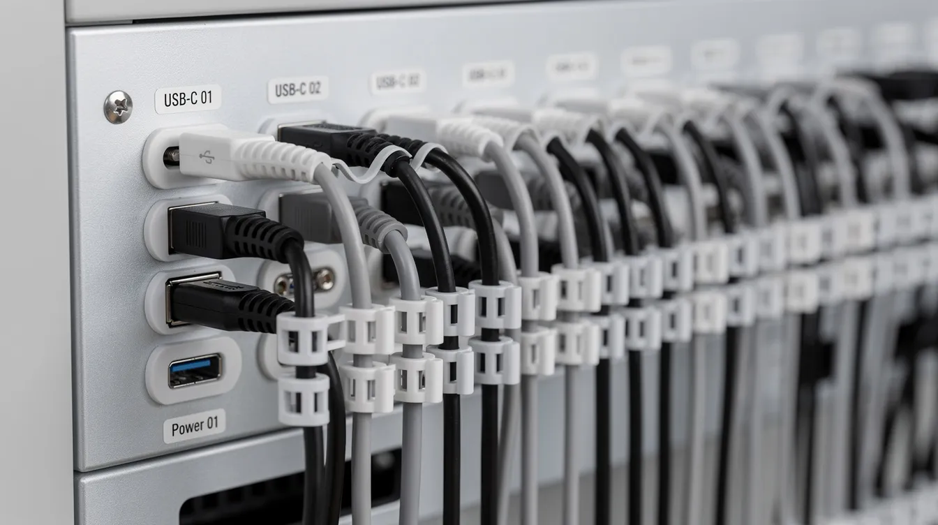 The image shows a close-up view of neatly organized charging cables routed behind a locker unit, featuring labeled USB-C ports and strain relief clips for effective cable management. This setup illustrates a secure charging solution for multiple devices, ideal for Chromebook charging stations in educational environments.