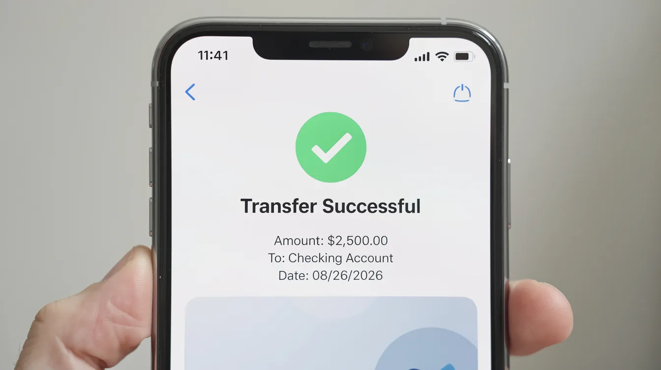 The image displays a smartphone screen with a bank transfer confirmation notification, featuring a prominent green checkmark, indicating successful completion of a transaction related to 清 數. This visual suggests a positive financial action, possibly involving a loan or payment process.