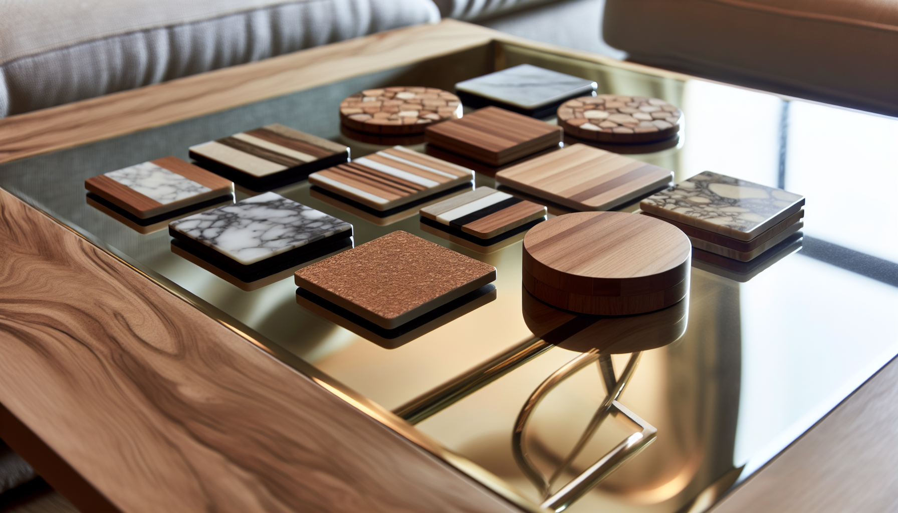 Various stylish coasters on a coffee table