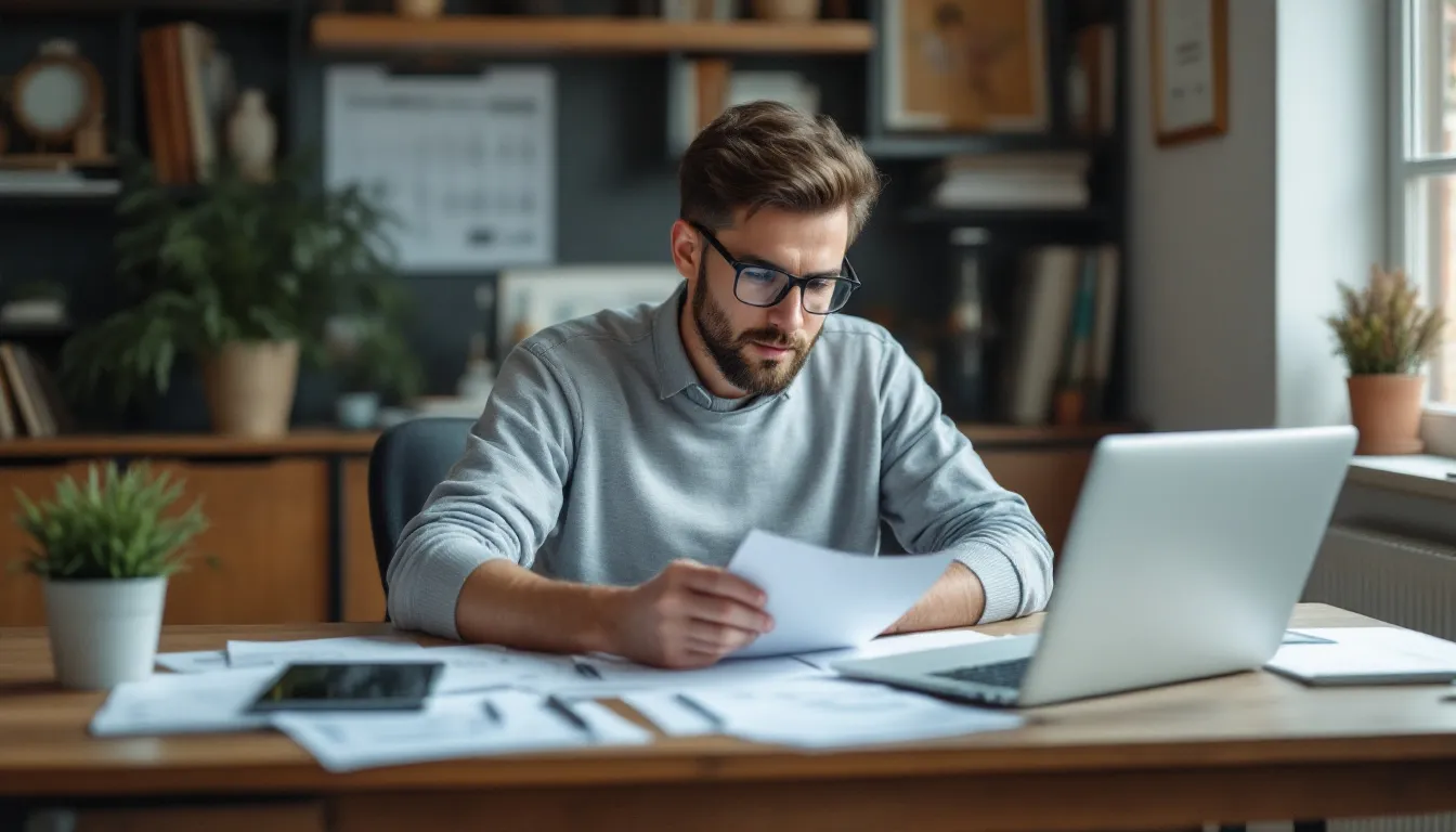A small business owner sits at a desk, thoughtfully comparing financial options from two different lenders, reviewing documents and potential deals to borrow money. The scene captures the difficult process of small business financing, highlighting the importance of doing the job to making informed choices and resolving issues with leadership and customer service.