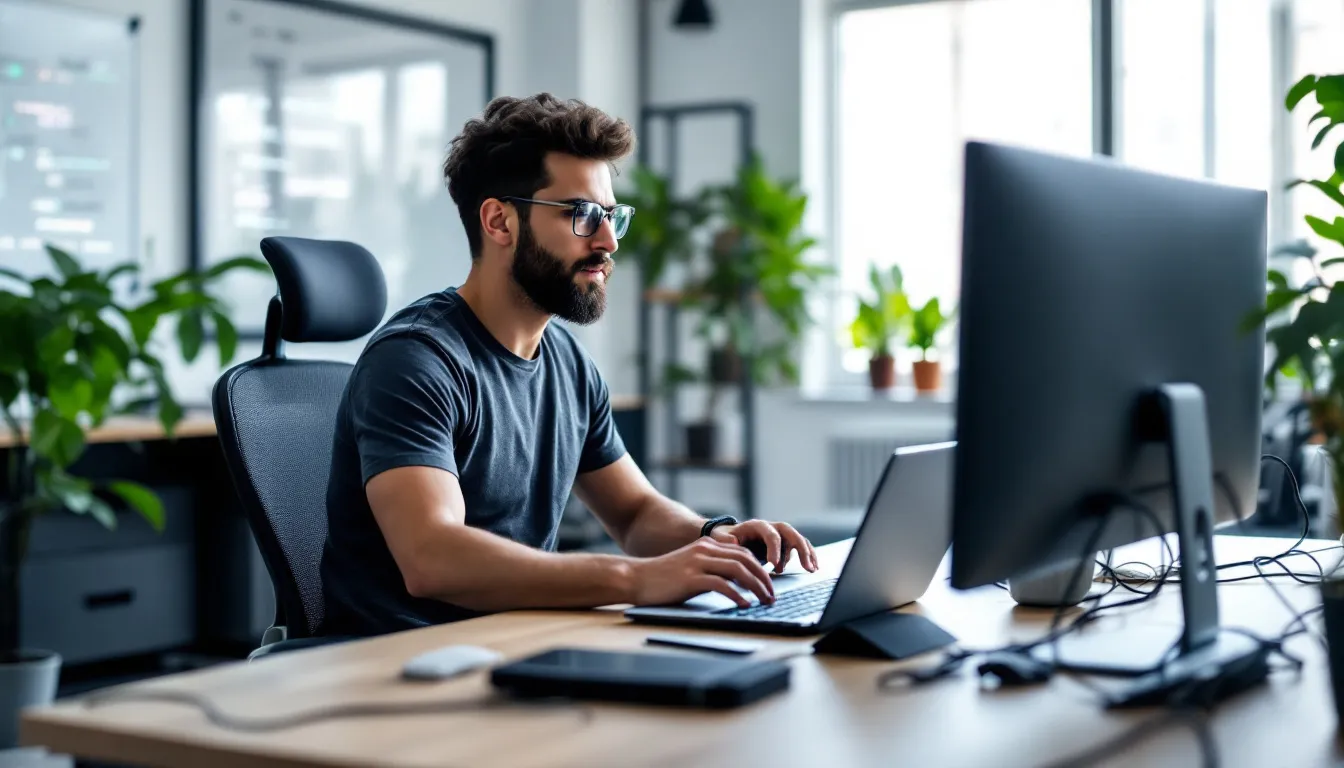 A developer is seated in a modern office, using multiple devices including a laptop, tablet, and smartphone for user testing of a website. The setup showcases various browsers like Chrome and Firefox, as the developer interacts with the site to identify usability issues and gather feedback from real users.