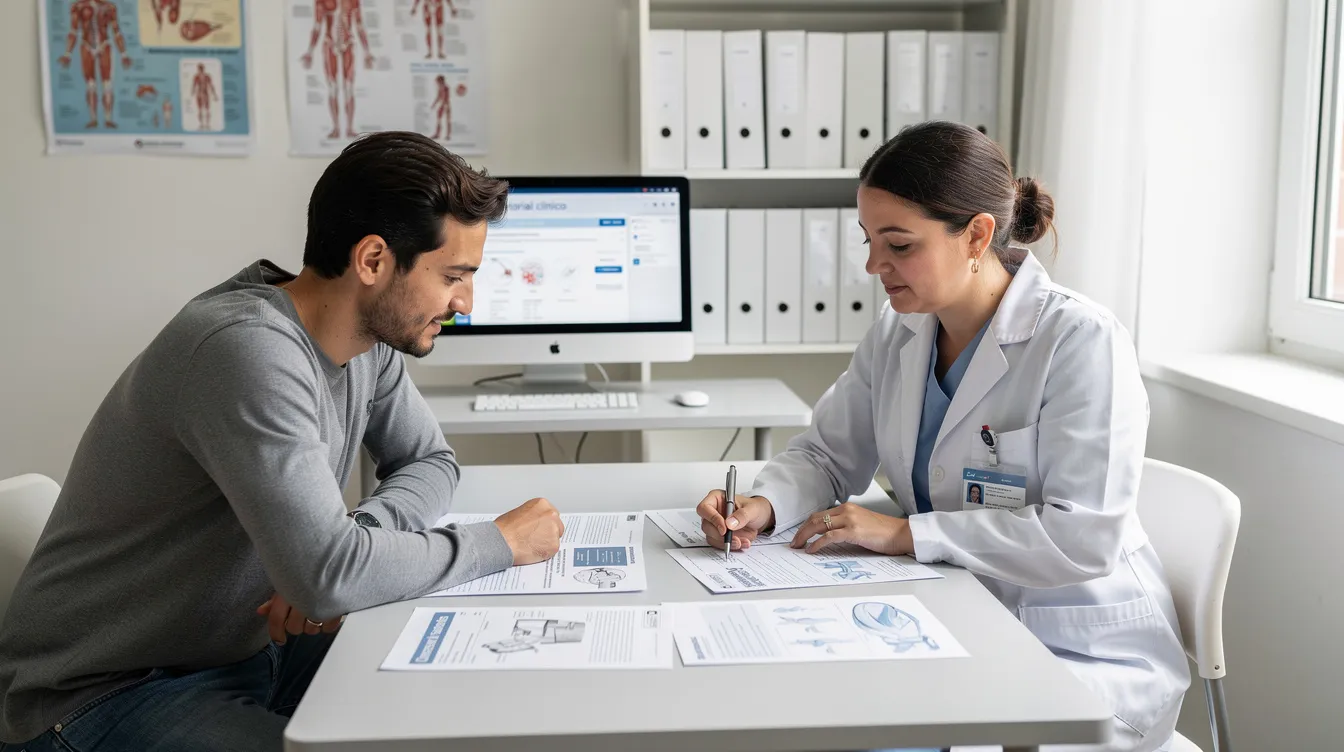 En la imagen se observa a una persona revisando documentos médicos en una mesa, acompañada por un profesional de salud que le explica detalles sobre procedimientos como la lipoescultura. La escena refleja un ambiente de consulta donde se discuten aspectos relacionados con el costo y las opciones de cirugía plástica.