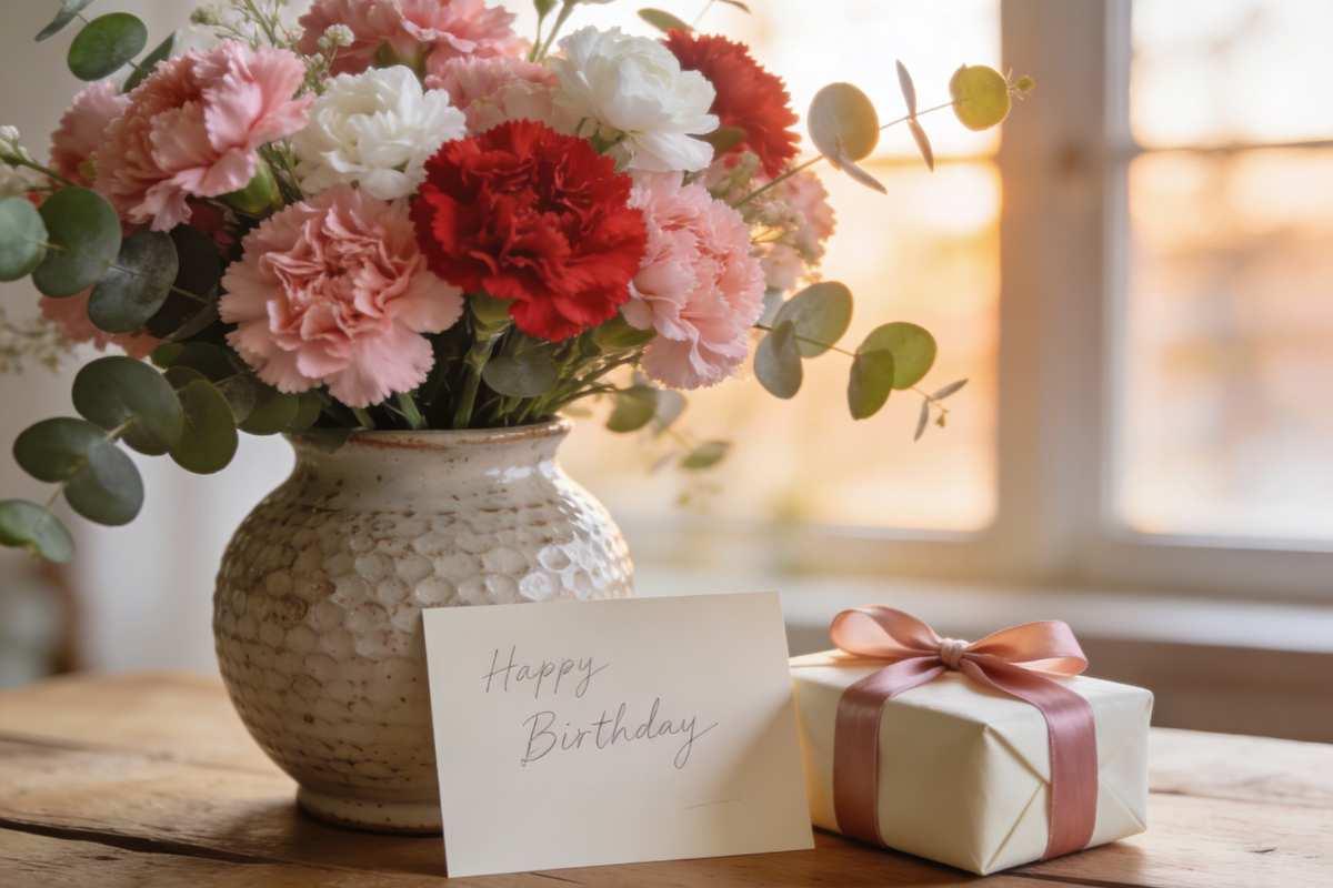 A luxurious birthday flower arrangement with pink and red carnations in a ceramic vase