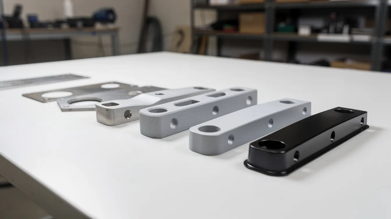The image displays metal prototype parts at various stages of finishing, showcasing raw laser-cut pieces alongside powder-coated finished components. This illustrates the process of custom sheet metal fabrication, highlighting the transformation from basic sheet metal parts to high-quality, precision sheet metal products ready for use in industrial applications.