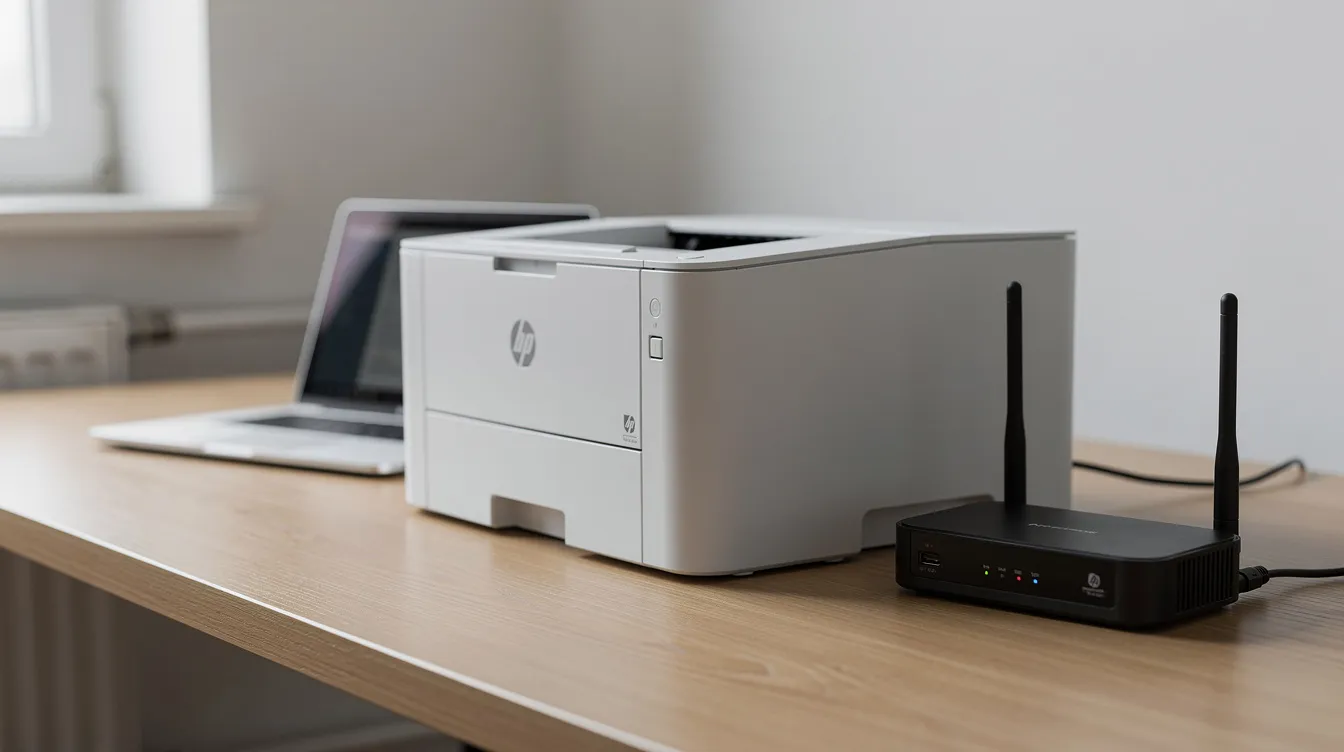 Ein weißer WLAN-Drucker steht auf einem Schreibtisch neben einem Router, während im Hintergrund ein Laptop sichtbar ist. Diese Anordnung zeigt die Möglichkeit, den HP Drucker einfach mit dem WLAN-Netzwerk zu verbinden, um drahtlos drucken zu können.