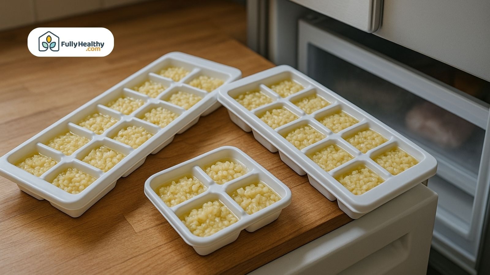 Minced garlic in ice cube trays placed near an open freezer.