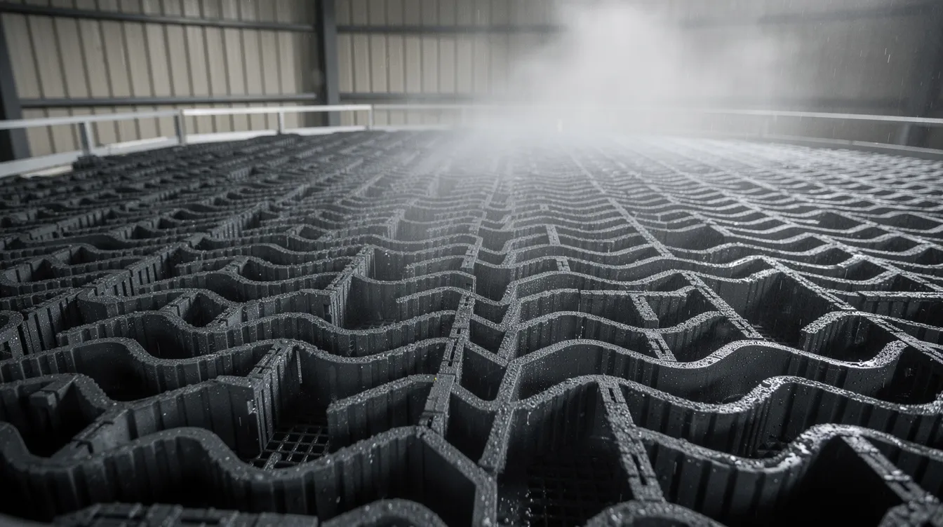 The image depicts a cooling tower equipped with specialized drift eliminators designed to minimize water droplets escaping into the environment. These cellular drift eliminators enhance efficiency by directing airflow and reducing water loss, ensuring compliance with environmental regulations while maintaining optimal performance.