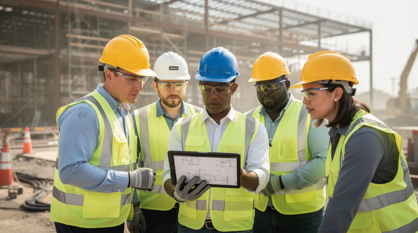 A group of individuals in safety gear is gathered at a job site, intently reviewing work details on a tablet, which aids in managing their apprenticeship program effectively. This setting highlights the importance of training and compliance in developing a skilled workforce.