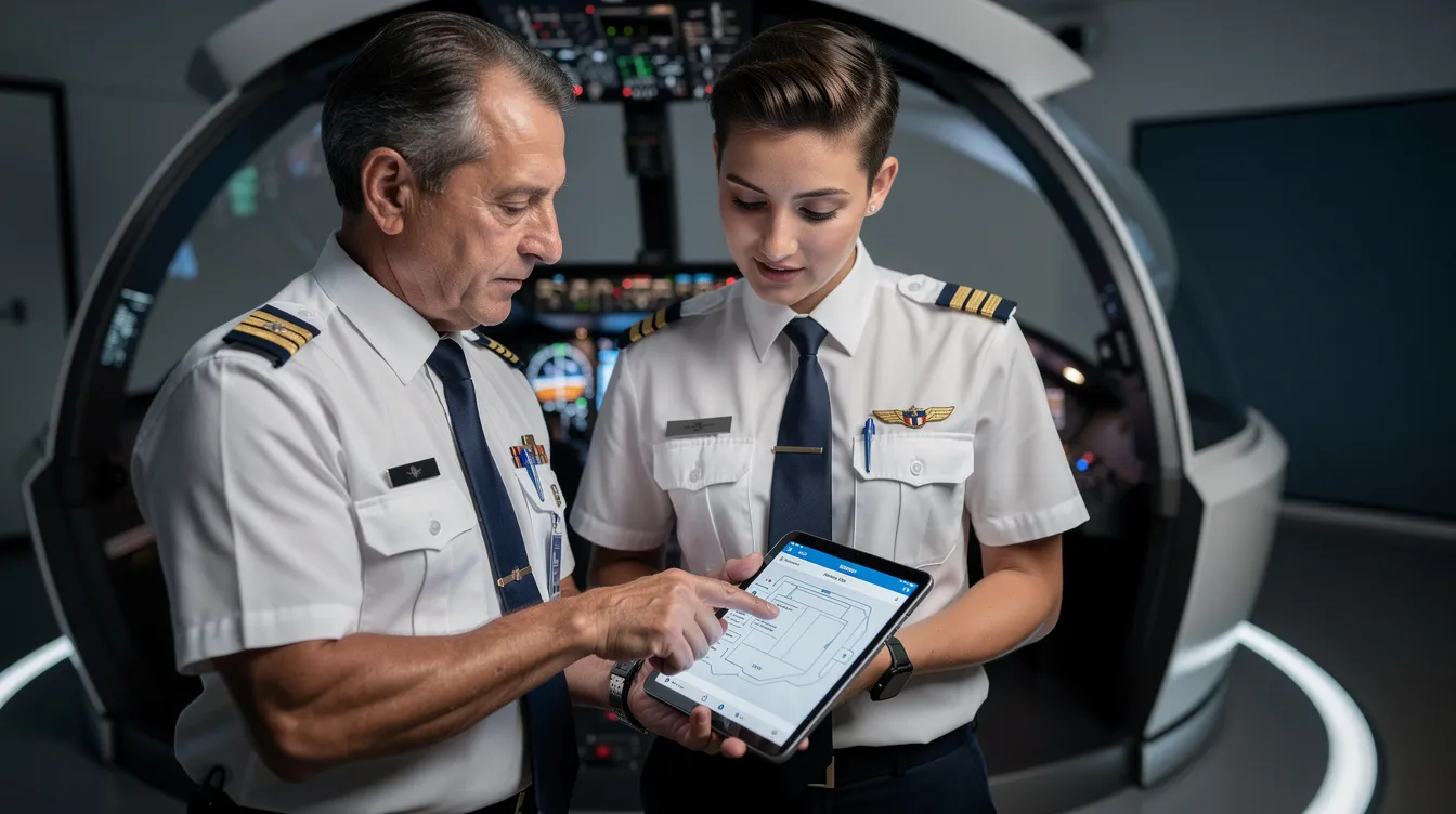 An aviation instructor and pilot are closely reviewing a tablet while standing near a flight simulator, highlighting the importance of using a training management system for effective aviation training. This setting emphasizes the integration of advanced training tools and compliance tracking within the highly regulated aviation industry.