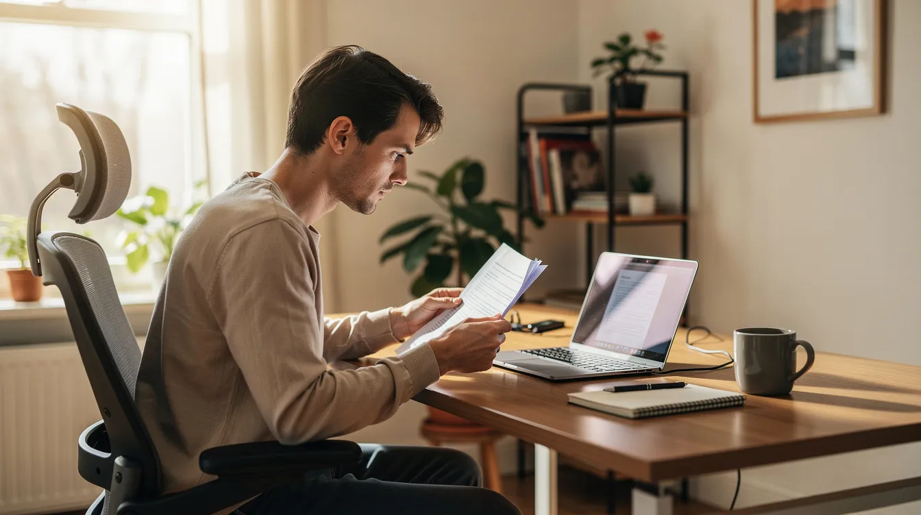 The image shows a person sitting at a home office desk, intently reviewing documents while a laptop is open in front of them. This scene suggests they may be considering options related to their current mortgage deal or exploring new mortgage options to save money on monthly payments.