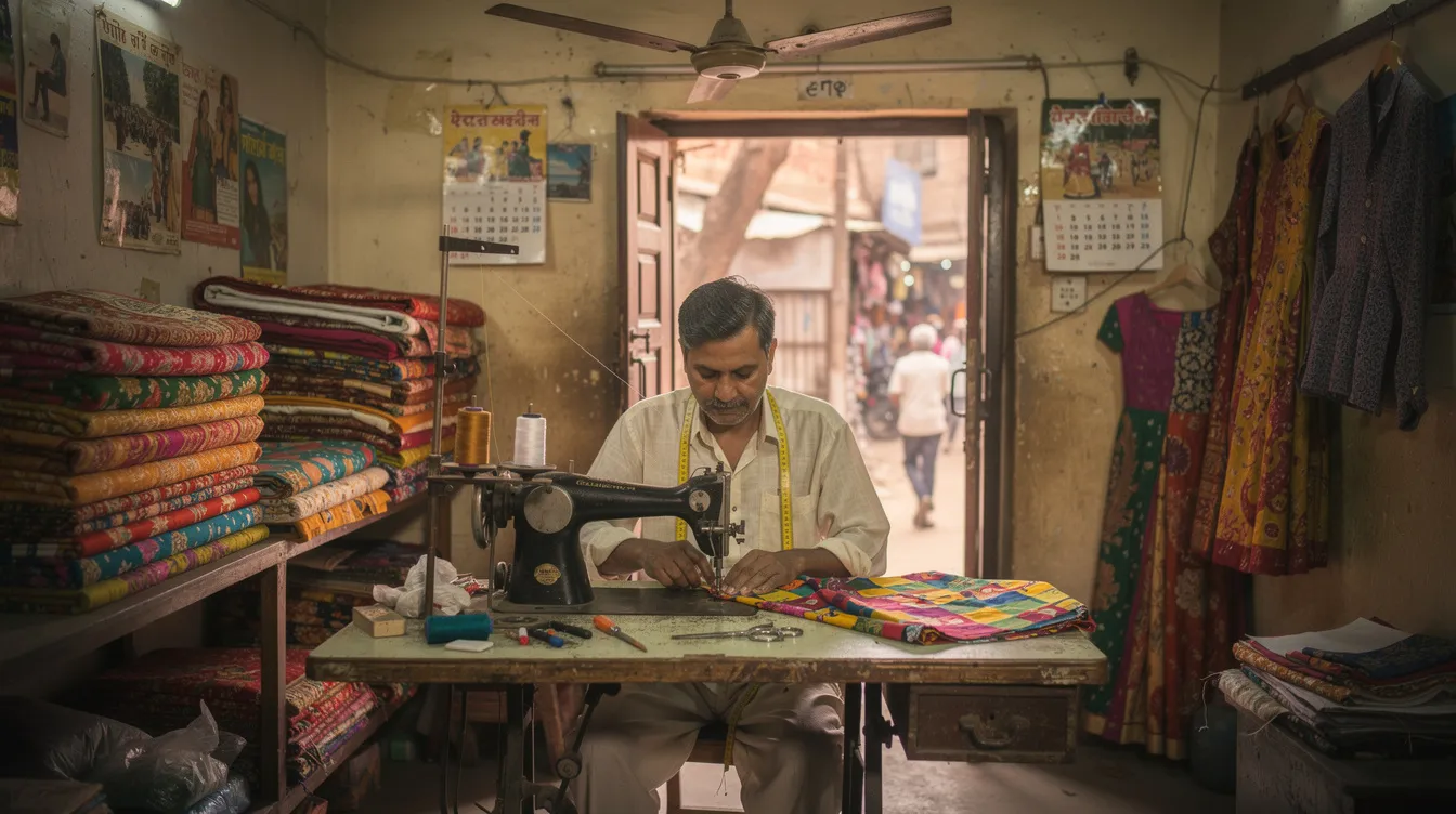 The image shows a small shop owner focused on his work at a tailoring machine in a modest Indian shop, exemplifying the entrepreneurial spirit supported by initiatives like the Pradhan Mantri Mudra Yojana, which provides financial assistance to micro enterprises. The shop reflects the hard work and dedication of a beneficiary micro unit entrepreneur engaged in the tailoring trade.
