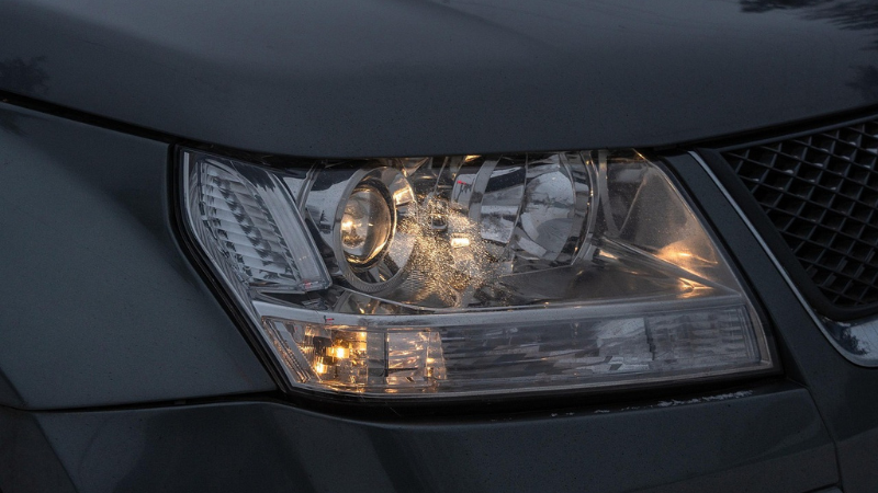 A car with Bi-LED lens headlights